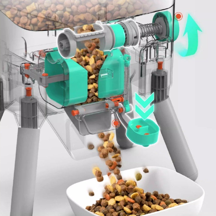 Interactive pet feeding station showing kibble dispensing into a bowl, designed for cats and dogs.