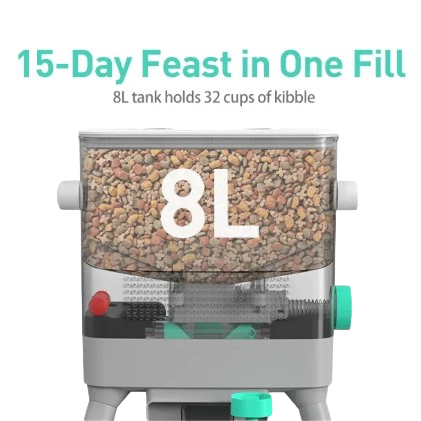 Pet feeding station with 8L tank holding 32 cups of kibble, designed for a 15-day supply for pets.