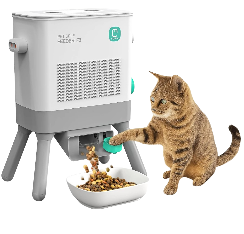 A cat interacting with a pet feeding station, showcasing the convenience of the pet feeding station for self-feeding.