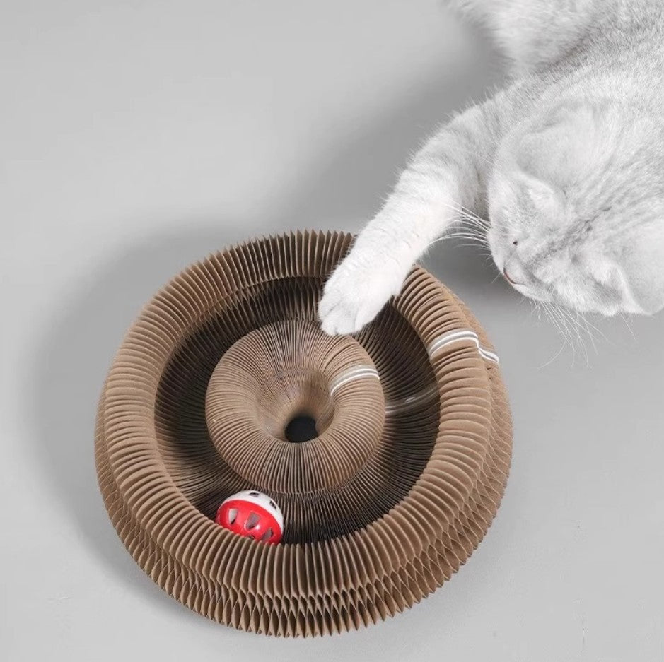Cat scratcher with ball featuring a unique foldable design and a hidden bell ball for playful scratching.