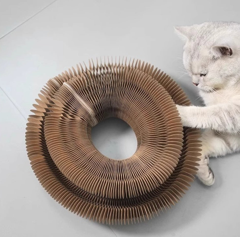 Cat scratcher with ball featuring a unique foldable design that captivates playful cats.
