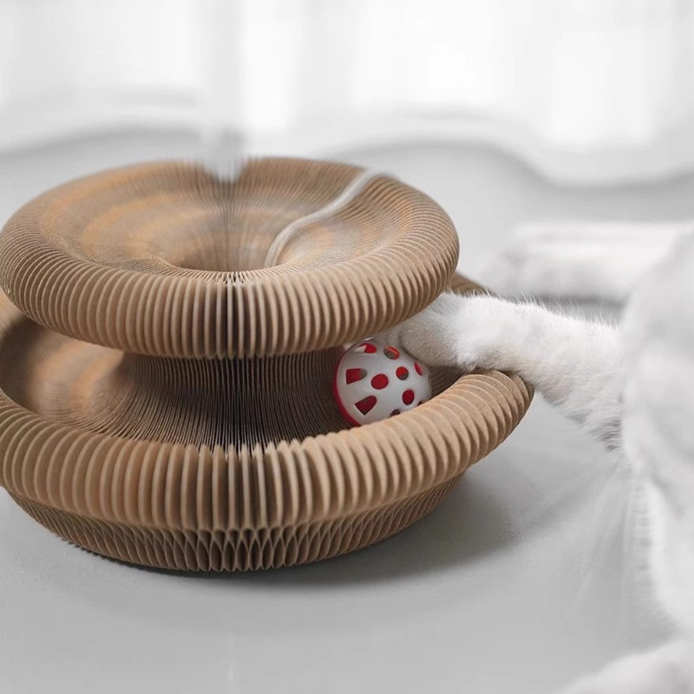 Cat scratcher with ball featuring a playful cat paw reaching for a jingle ball inside a foldable scratch board.