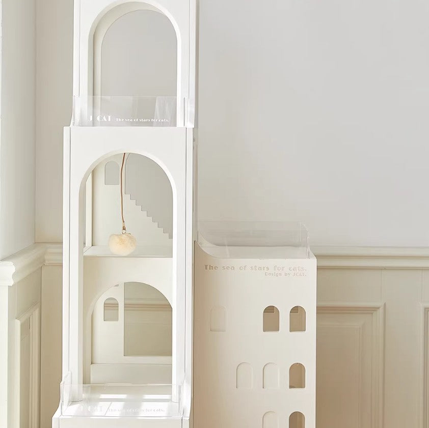 Elegant cat castle with multiple levels and playful features for cats, designed for comfort and style.