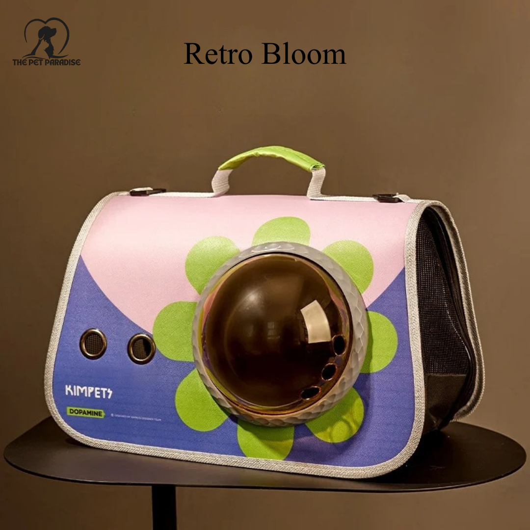 Retro Bloom pet travel bag designed for comfort and style for your furry friend.