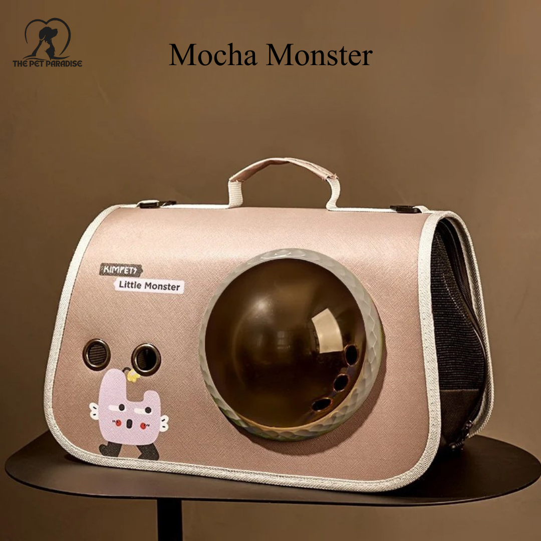 Mocha Monster pet travel bag designed for cats and dogs with stylish features and a cozy round window.