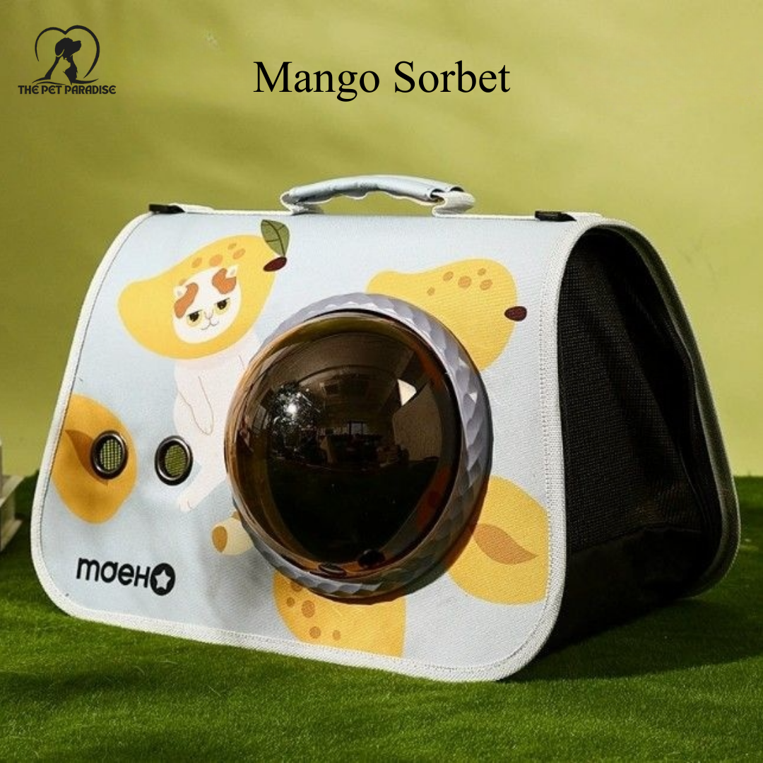 Mango Sorbet pet travel bag featuring a playful design with a transparent bubble window.