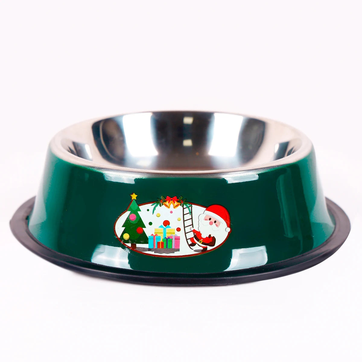 Christmas pet bowl with festive design featuring Santa, Christmas tree, and gifts, perfect for cats and dogs.