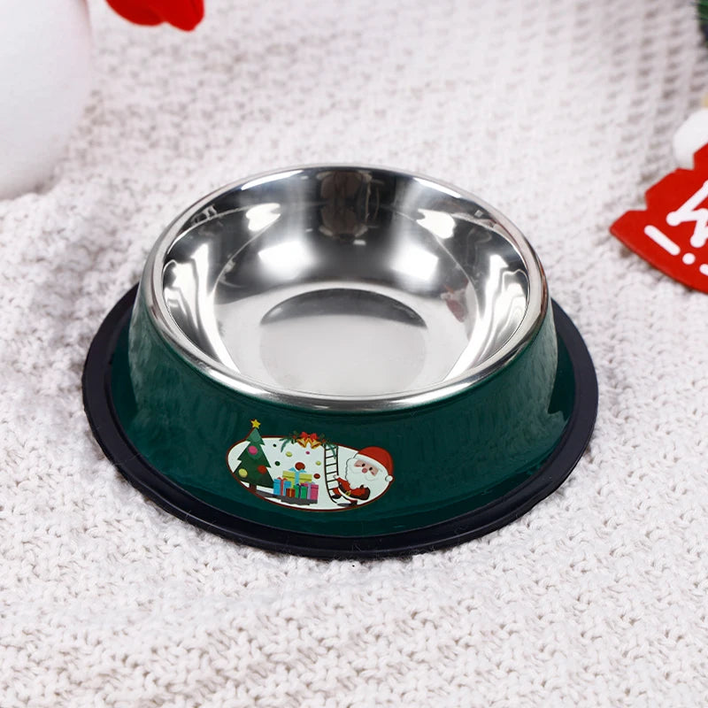 Christmas Stainless Steel Pet Bowl featuring a festive design, perfect for cats and dogs with non-slip base.