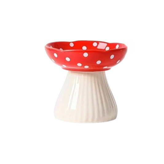 Ceramic cat feeder with mushroom elevated shelf and red polka dot bowl design