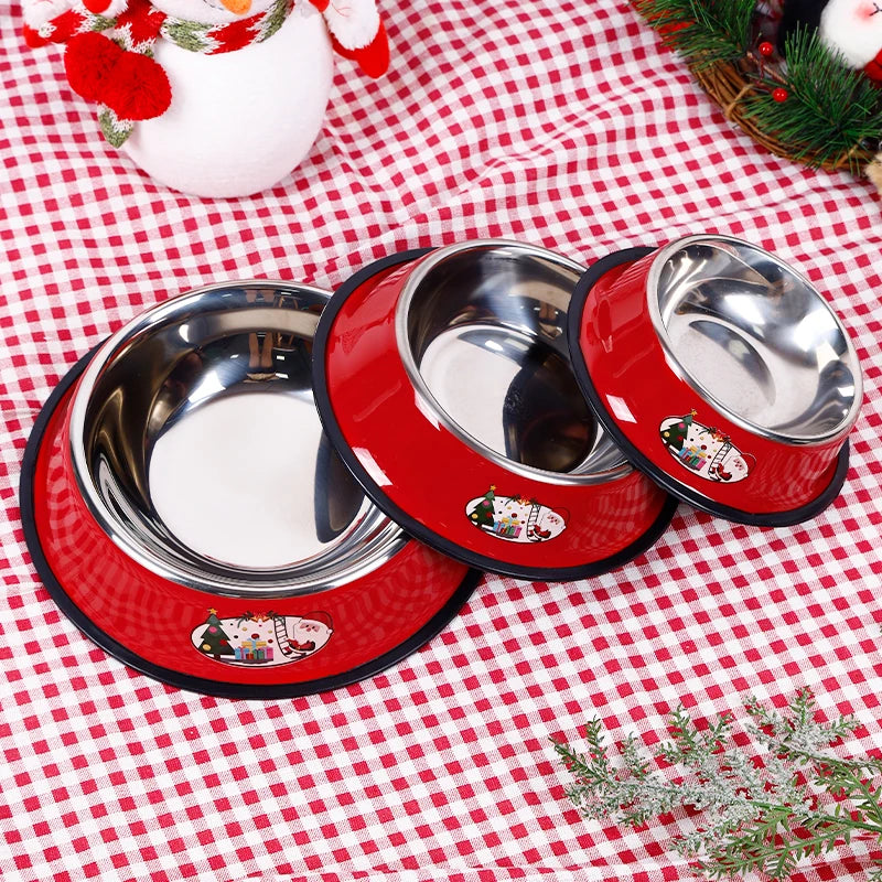 Christmas stainless steel pet bowl set with holiday design, perfect for cats and dogs, features non-slip base.