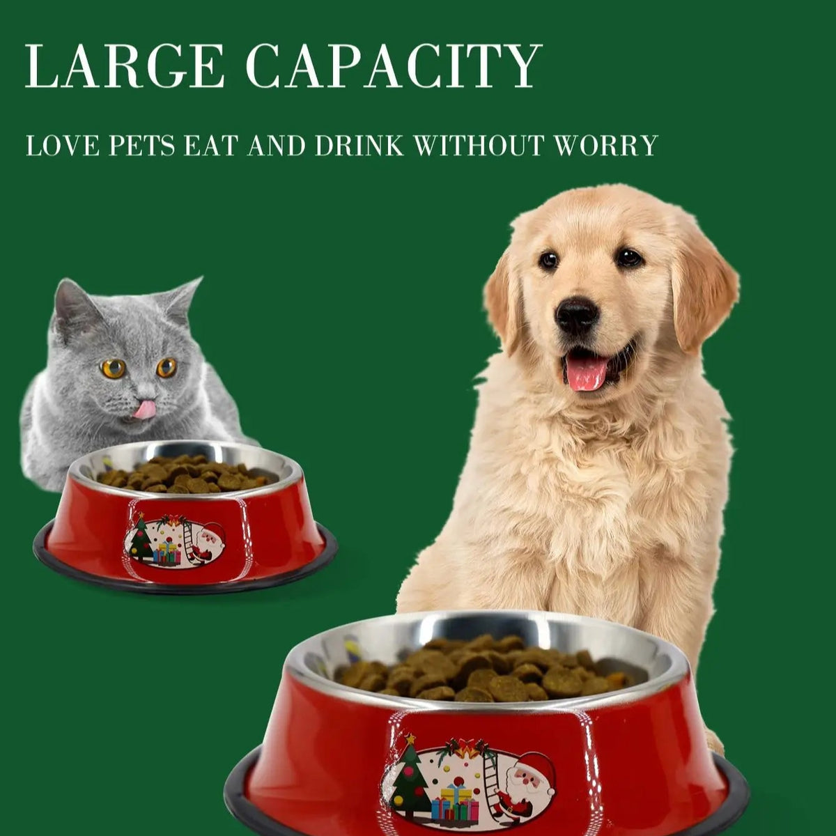 Christmas pet bowl with large capacity for cats and dogs, featuring festive design and durable stainless steel.