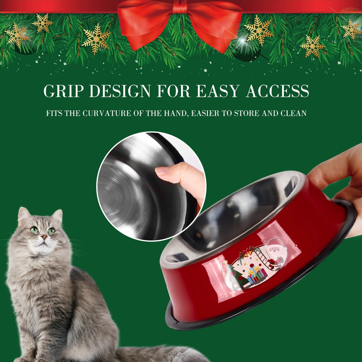 Christmas pet bowl with grip design for easy access, featuring festive Santa design and non-slip base.