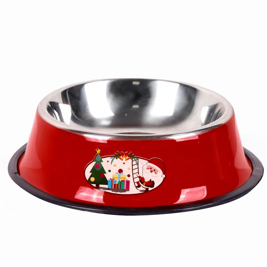 Christmas pet bowl with festive design featuring Santa, Christmas tree, and non-slip base.