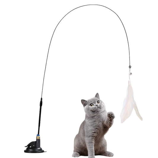 Interactive cat teaser wand toy with feather and bell, perfect for stimulating play and engaging hunting instincts.