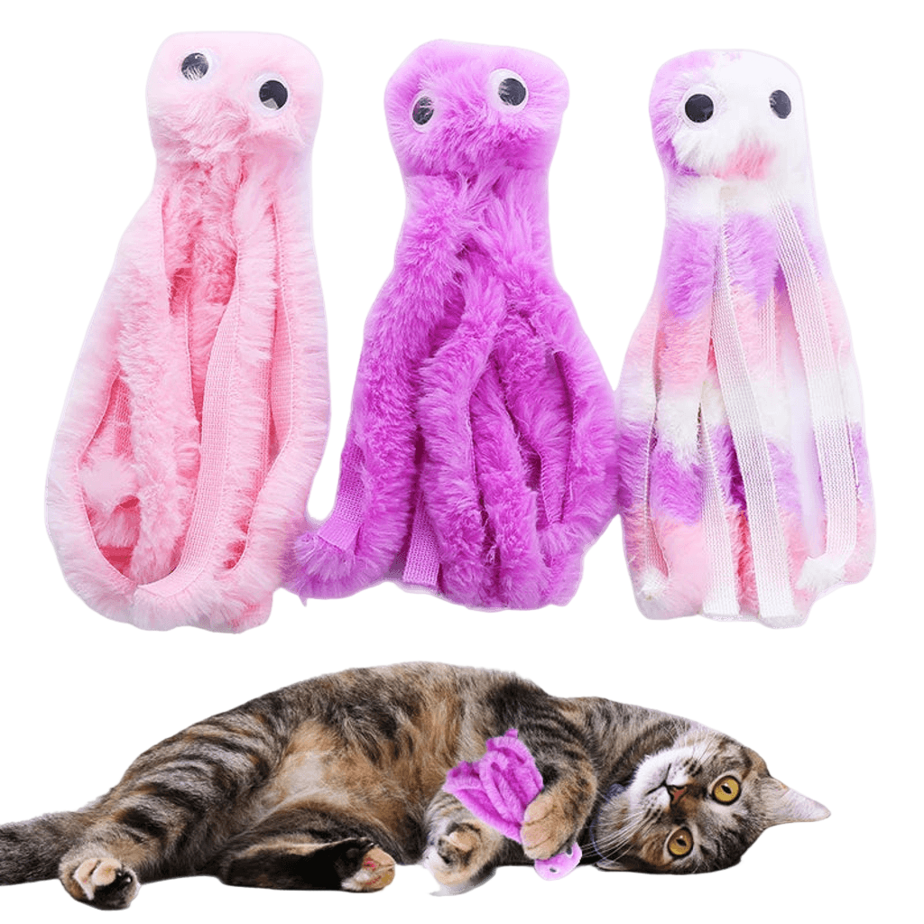 Cute octopus plush toy for cats, soft and durable with dangling tentacles, designed for biting, pouncing, and cuddling.