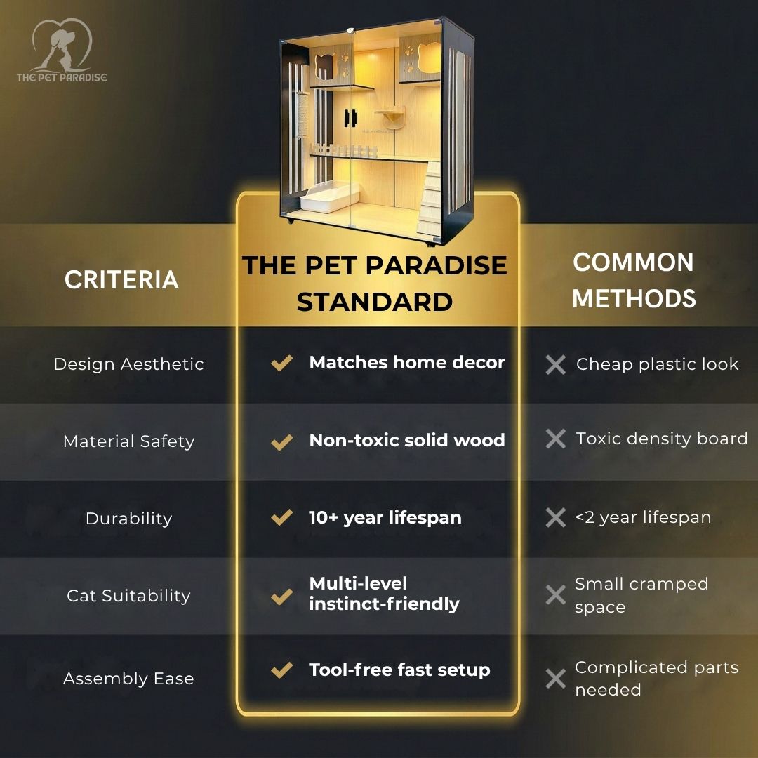 Comparison chart of The Pet Paradise Standard vs Common Methods for luxury cat villa features.