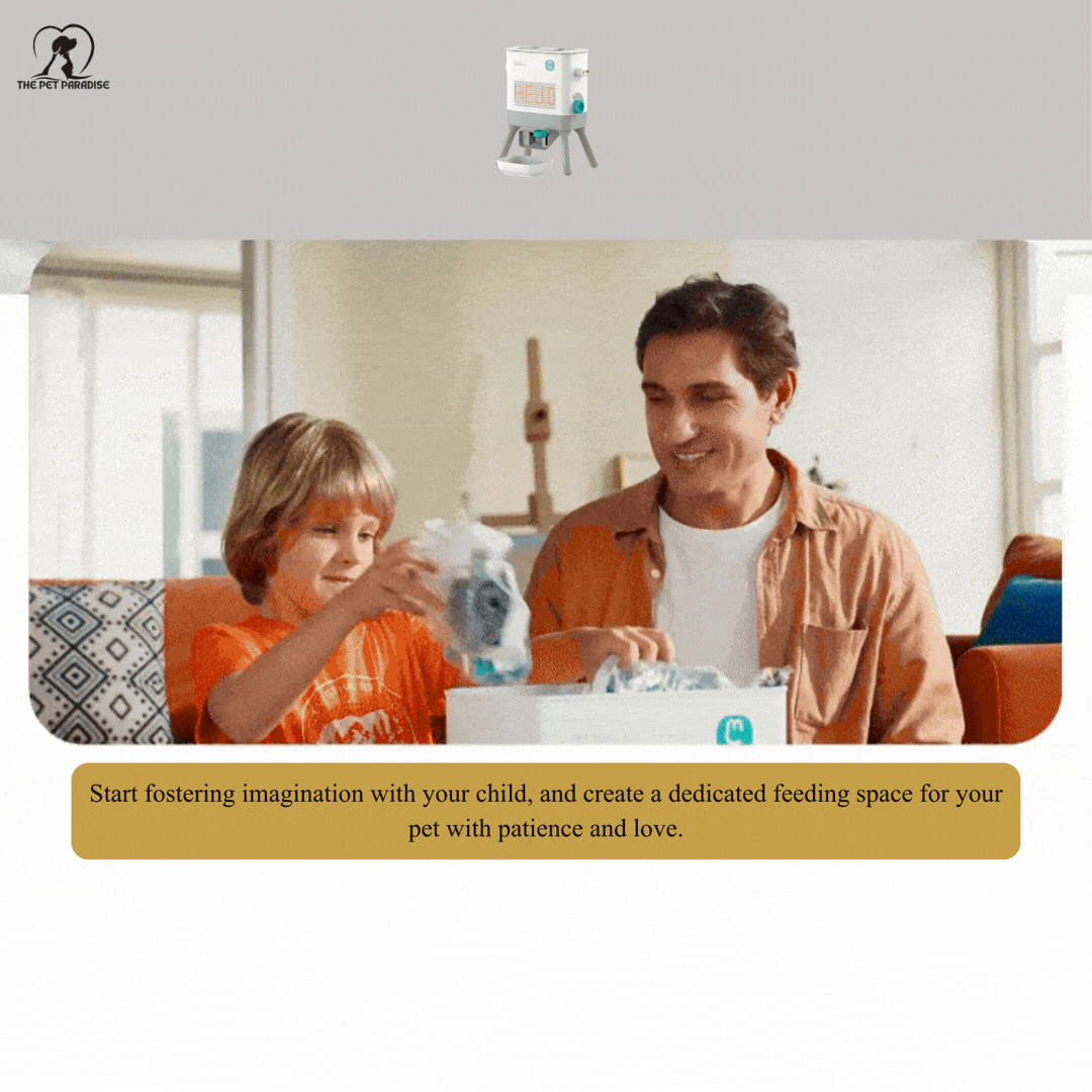 A father and child creating a personalized pet feeding station together, fostering creativity and care for their pet.