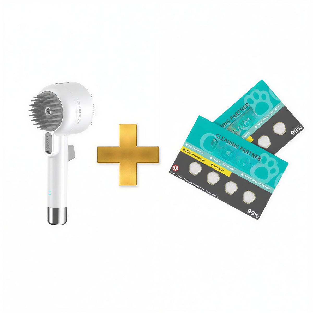 Pet grooming tools including The Artisan™ Dual-Sided grooming brush and cleaning partner tablets for effective pet grooming.