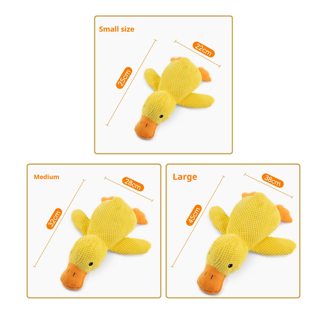 Calming pet toy in three sizes: small 25cm, medium 28cm, large 38cm, plush duck design for interactive fun.