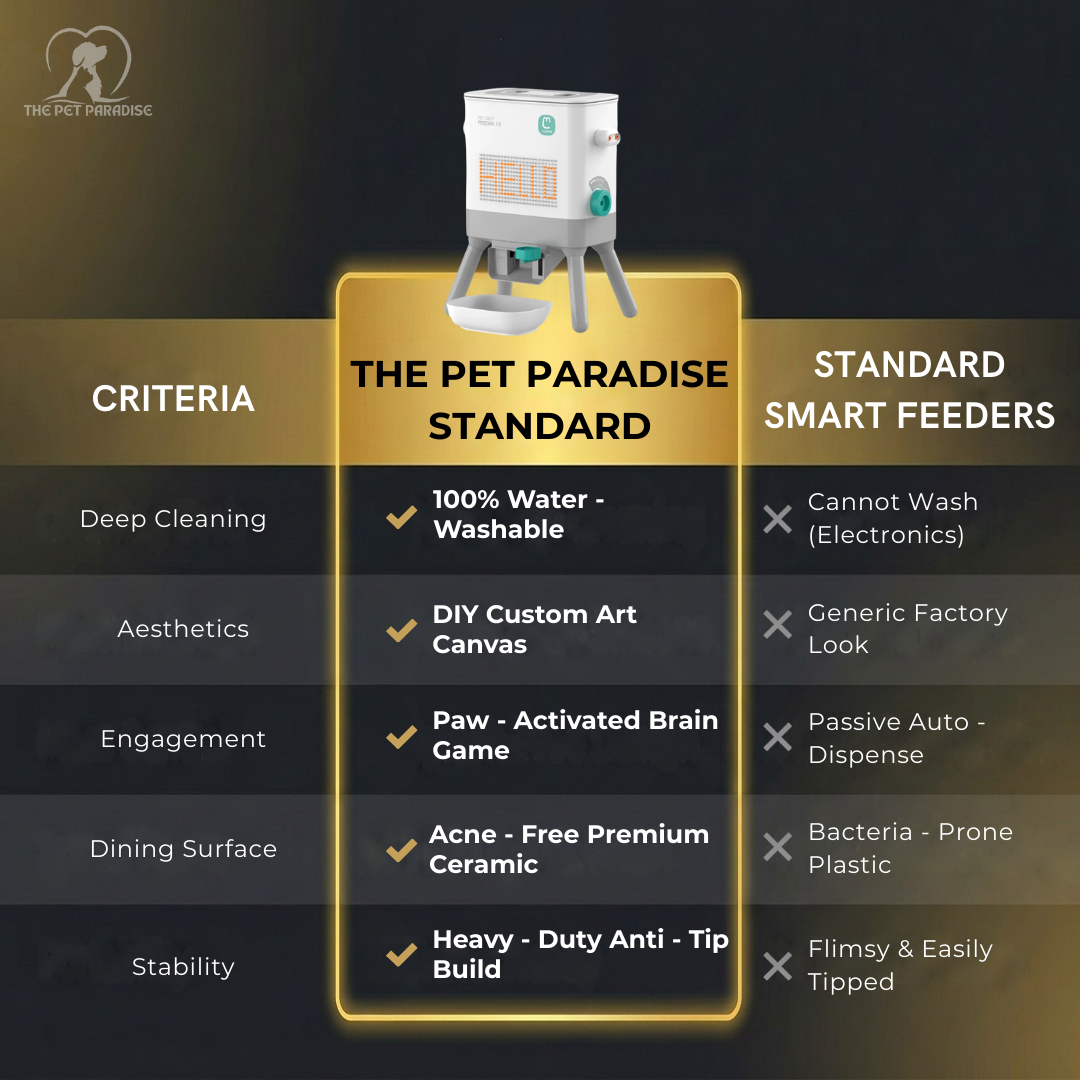 Comparison chart highlighting the advantages of The Pet Paradise Standard pet feeding station over standard smart feeders.