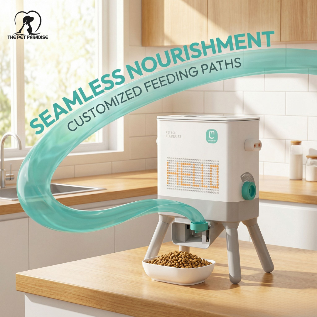 Pet feeding station with customized feeding paths for seamless nourishment in a modern kitchen setting.