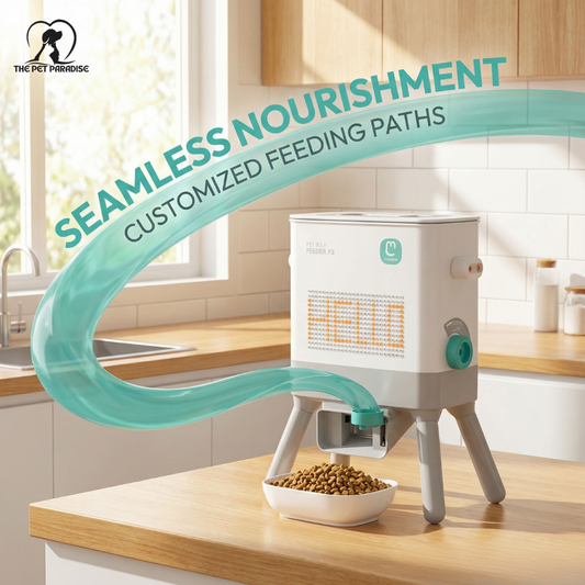 Pet feeding station with customized feeding paths for seamless nourishment in a modern kitchen setting.