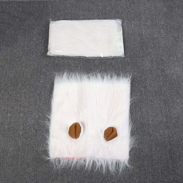 Dog wearing a fluffy lion mane costume hat.