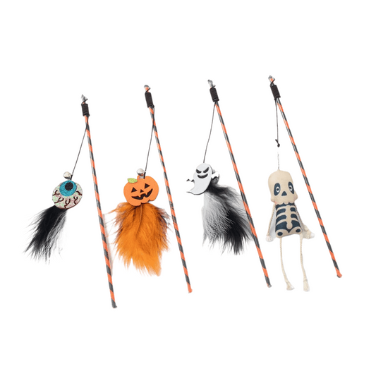 Halloween-themed cat teaser wand with pumpkin, ghost, feathers, and bell.
