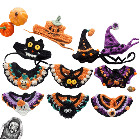 Hand-knit Halloween Pet Collar Bib for cats and dogs, perfect for adding a spooky touch to Halloween costumes.
