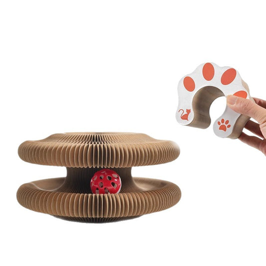 Cat scratcher with ball featuring a unique foldable board design and a jingling bell ball for interactive play.