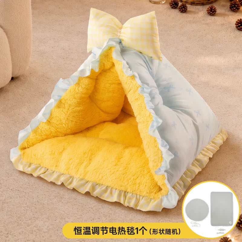 新式猫窝半封闭式安全感猫帐篷冬加厚猫咪窝冬季保暖猫房子不塌陷 - 海盐蓝+电热毯