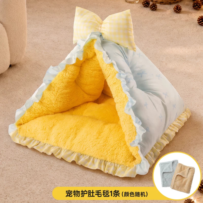 新式猫窝半封闭式安全感猫帐篷冬加厚猫咪窝冬季保暖猫房子不塌陷 - 海盐蓝+毛毯