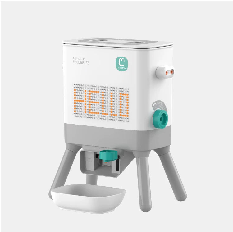 Pet feeding station featuring a modern automatic feeder design with digital display and removable bowl.