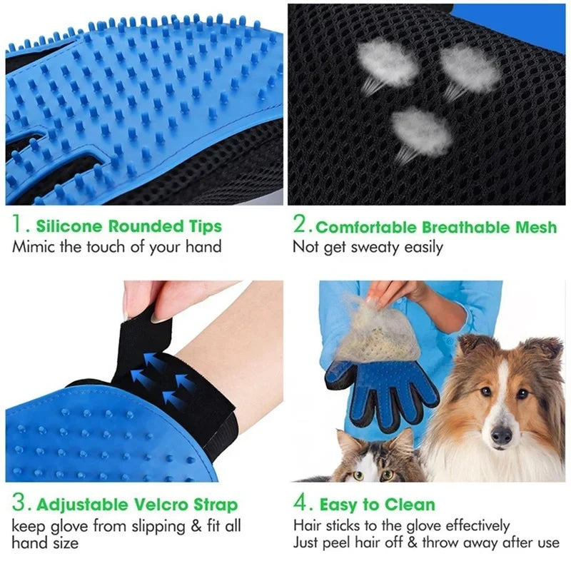 Pet grooming massage glove with soft silicone tips for cats and dogs