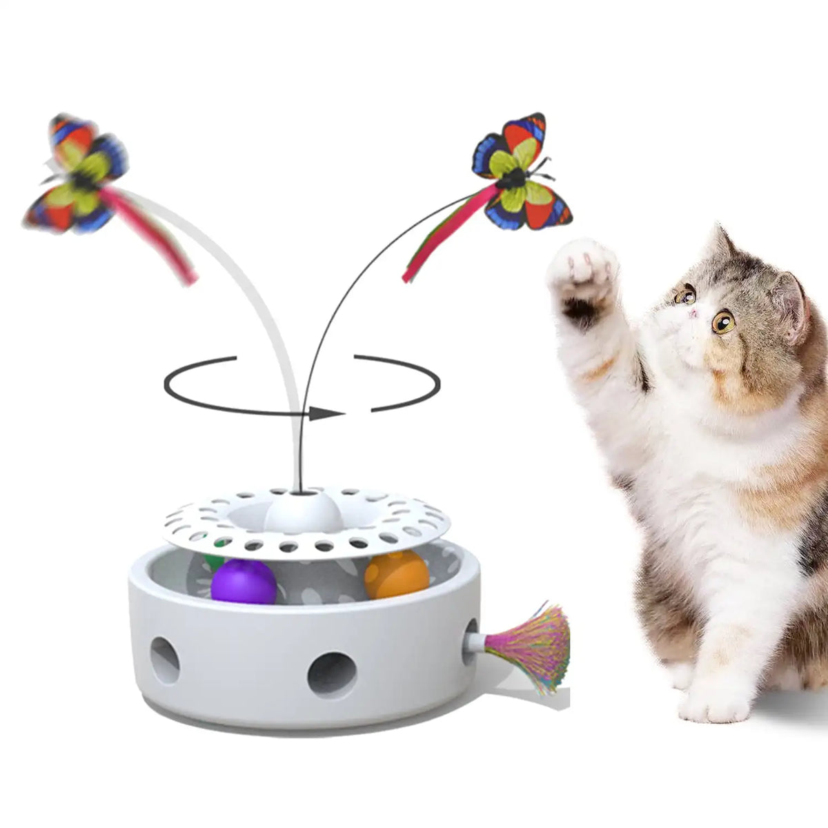 Interactive cat toy with fluttering butterflies and colorful balls, designed to engage and entertain cats.