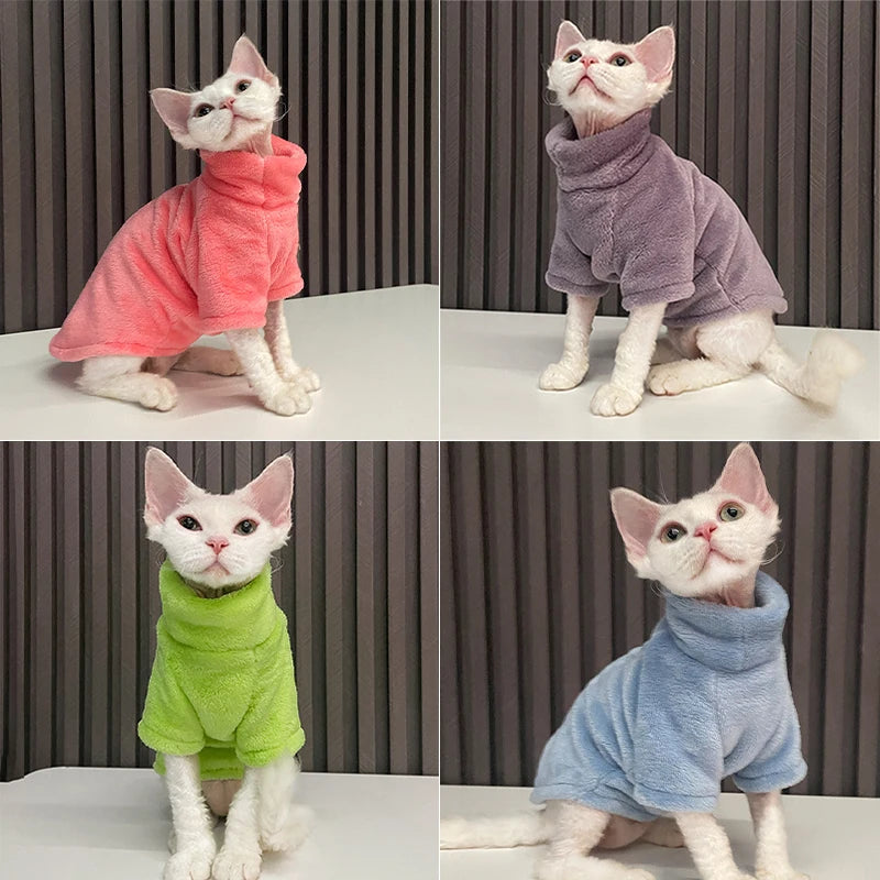 Hairless cat wearing turtleneck fleece winter sweater
