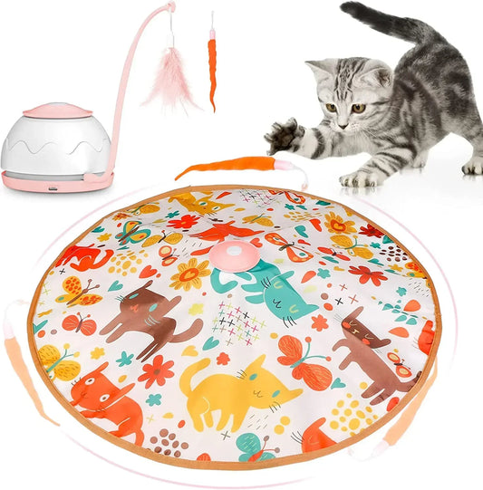 Electric cat toy with colorful floral design and feather attachments for indoor cat entertainment.