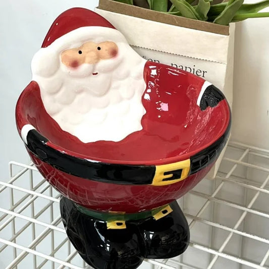 Santa Claus ceramic pet bowl designed for cats and dogs with a festive 3D Santa motif and elevated non-slip base.