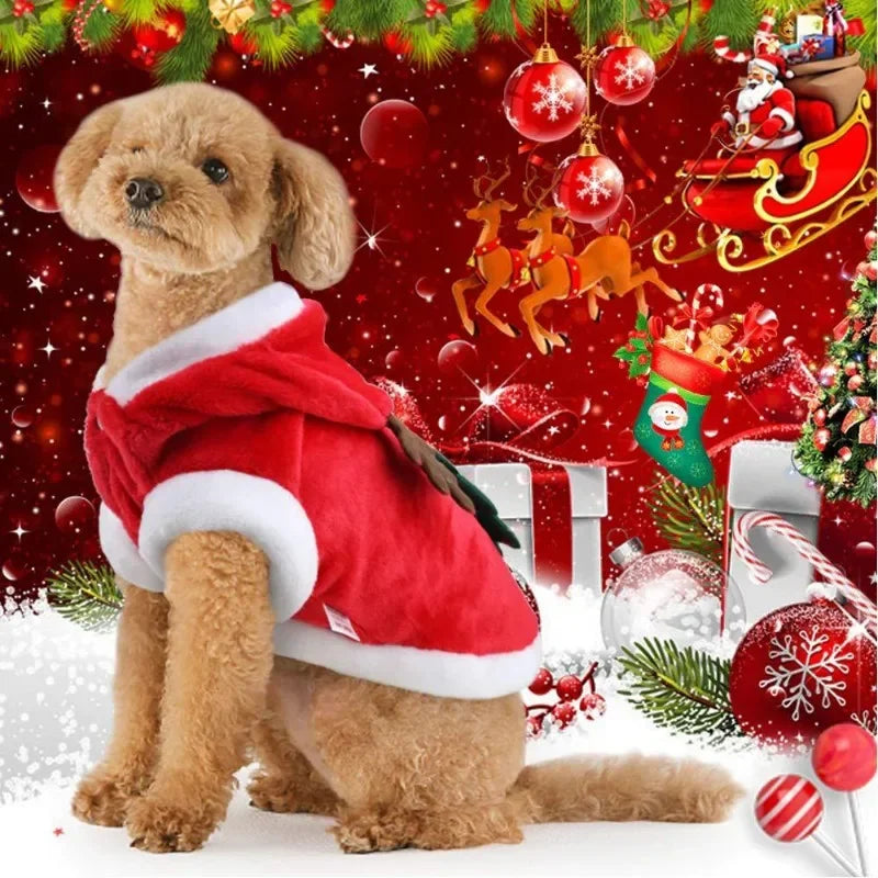 Christmas flannel hoodie with Santa and reindeer design for cats and small dogs