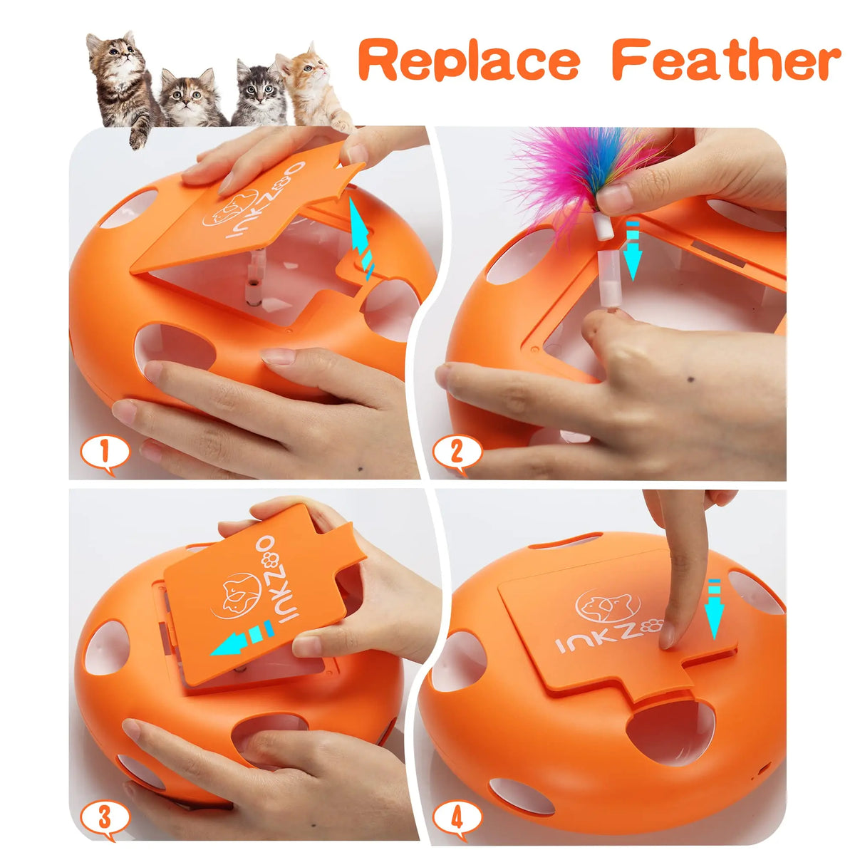 Interactive cat toy with replaceable feathers for intelligent cat toys, showcasing step-by-step feather replacement process.
