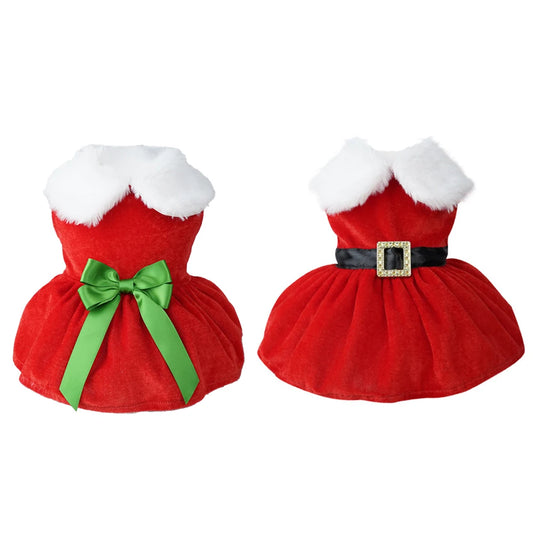 Red Christmas dog dress with glittering belt for small dogs and cats