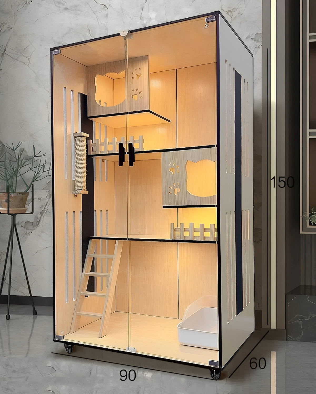 luxury cat villa in a modern design featuring multiple levels, ramps, and cozy hideaways for cats.