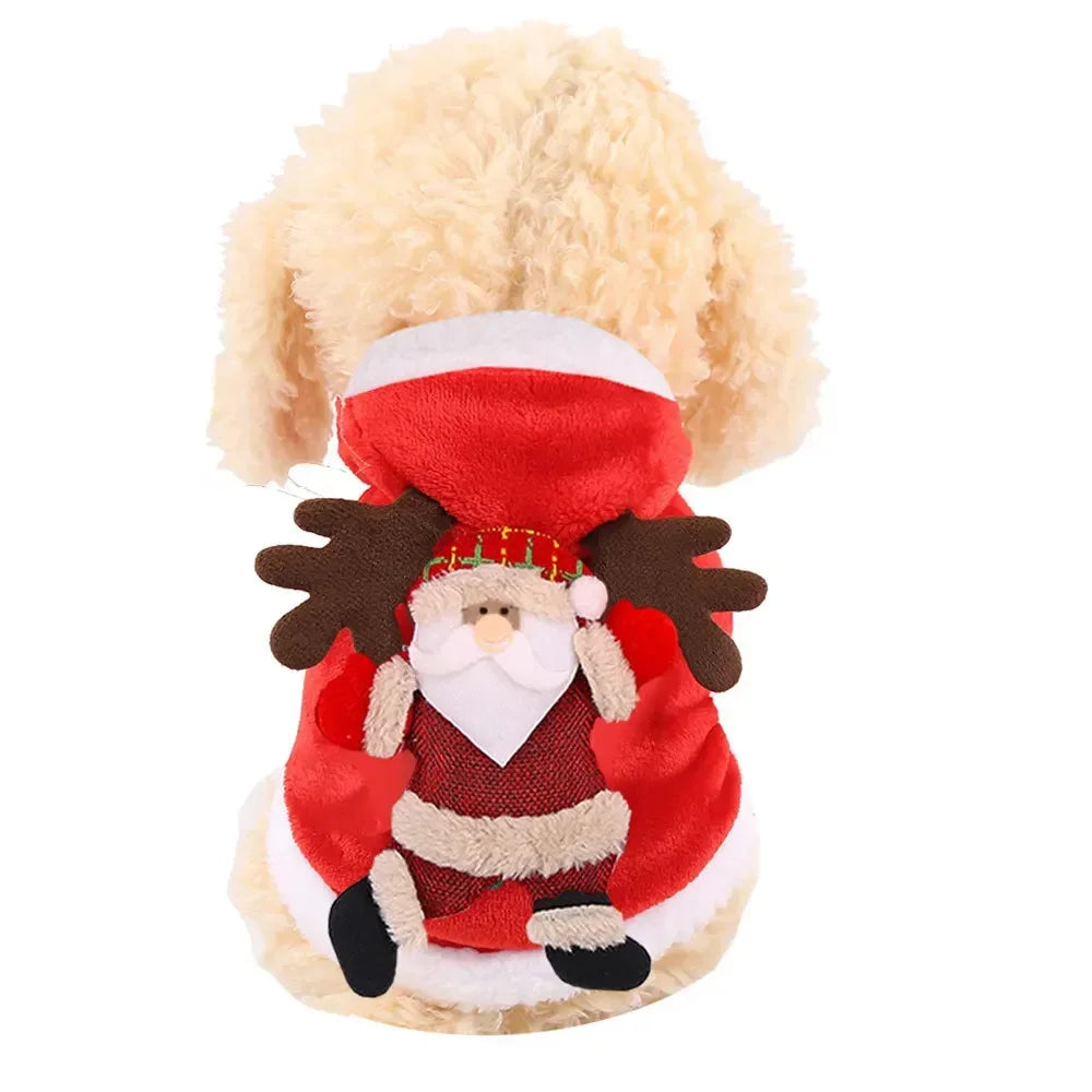 Christmas flannel hoodie with Santa and reindeer design for cats and small dogs