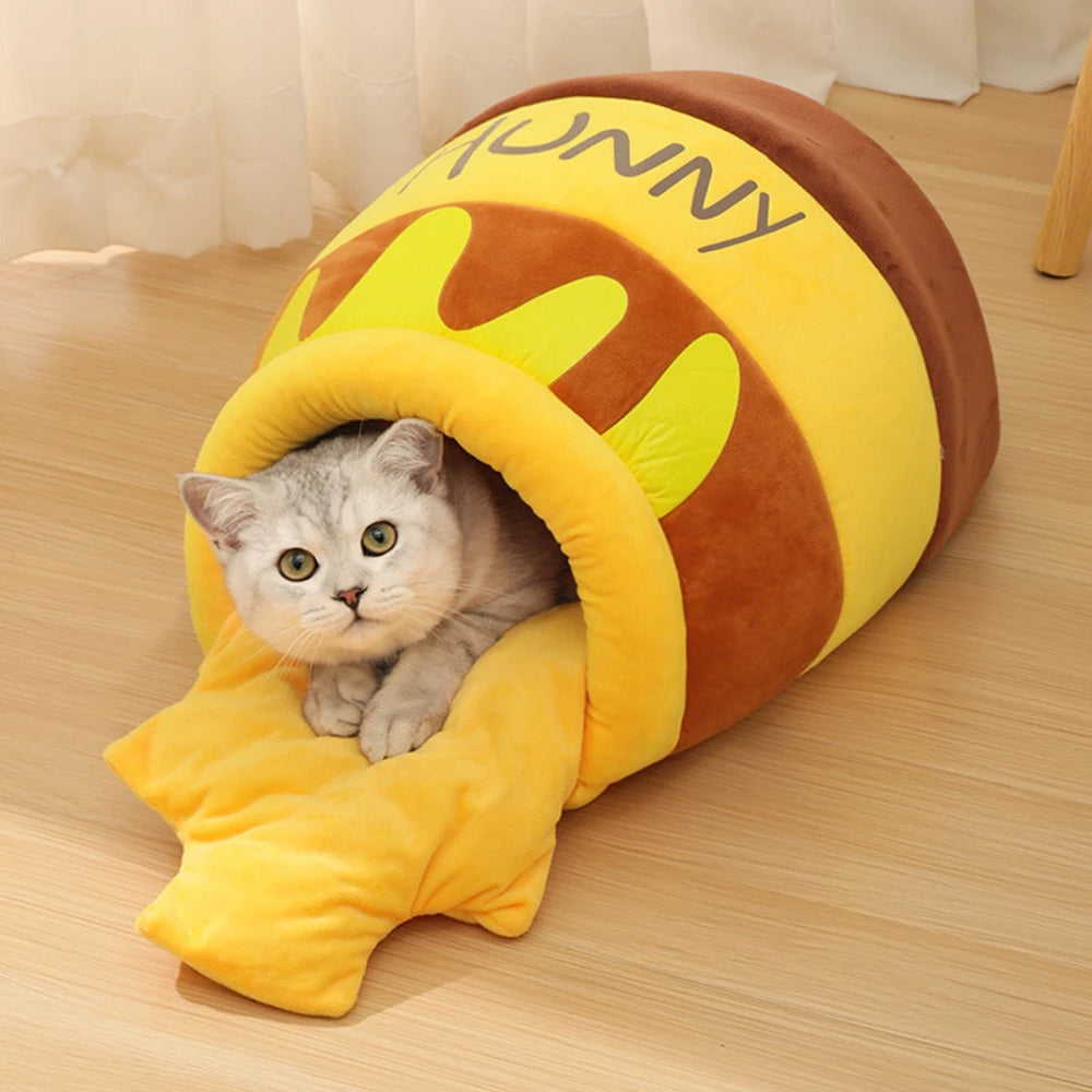 Honey pot-shaped soft plush cat bed with removable cushion for indoor cats