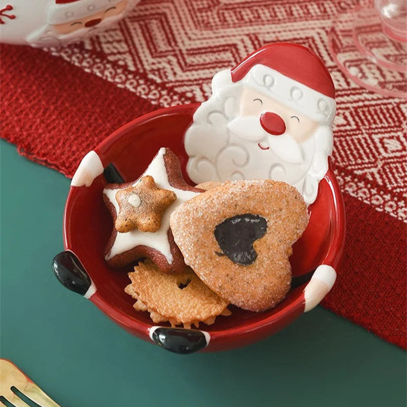 Nordic Santa Claus ceramic pet bowl filled with festive holiday cookies, perfect for seasonal pet meals.