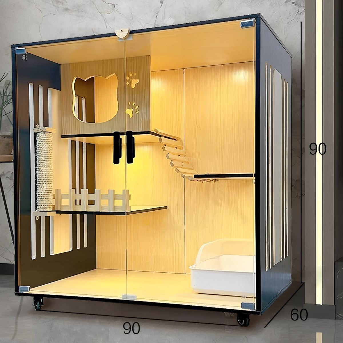 Luxury cat villa featuring shelves, ramps, and cozy areas for lounging, designed for cats to play and observe.