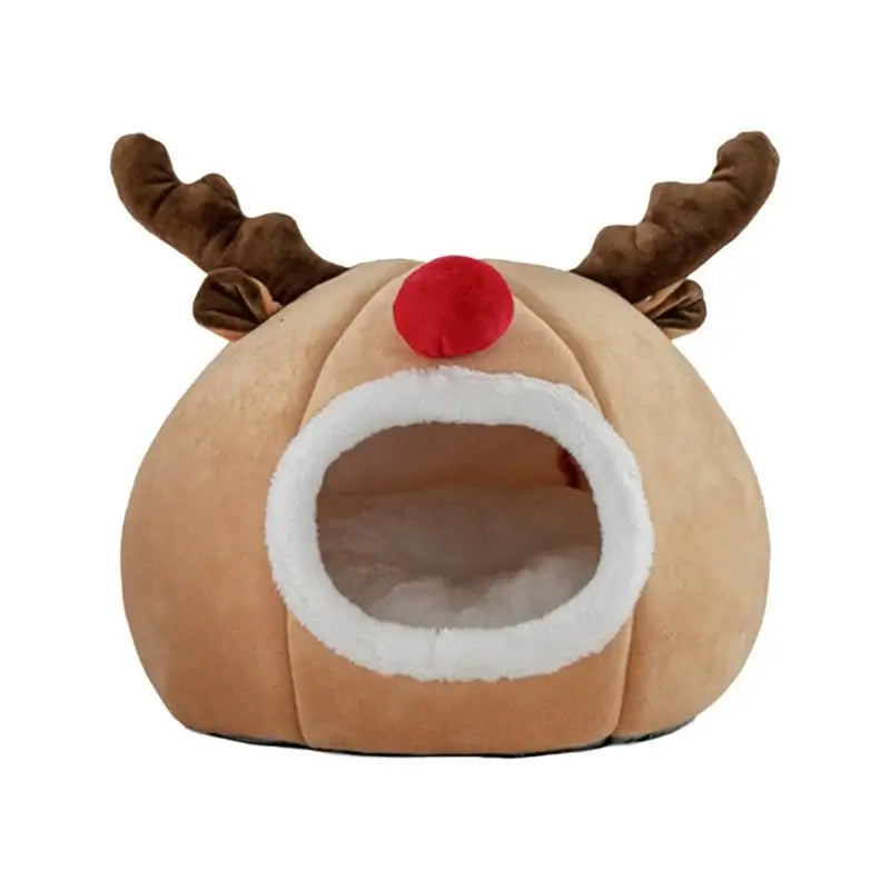 Indoor cat cave bed with Christmas reindeer design for holiday comfort and warmth.