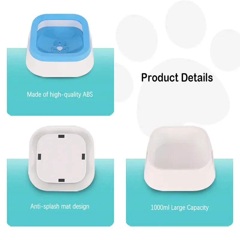 Anti-splash pet water bowl with 1L capacity and floating disk design, spill-proof solution for dogs and cats at home or on the go.