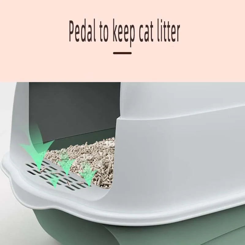 Fully enclosed cat litter box with two-way shovel access for odor control and easy cleaning