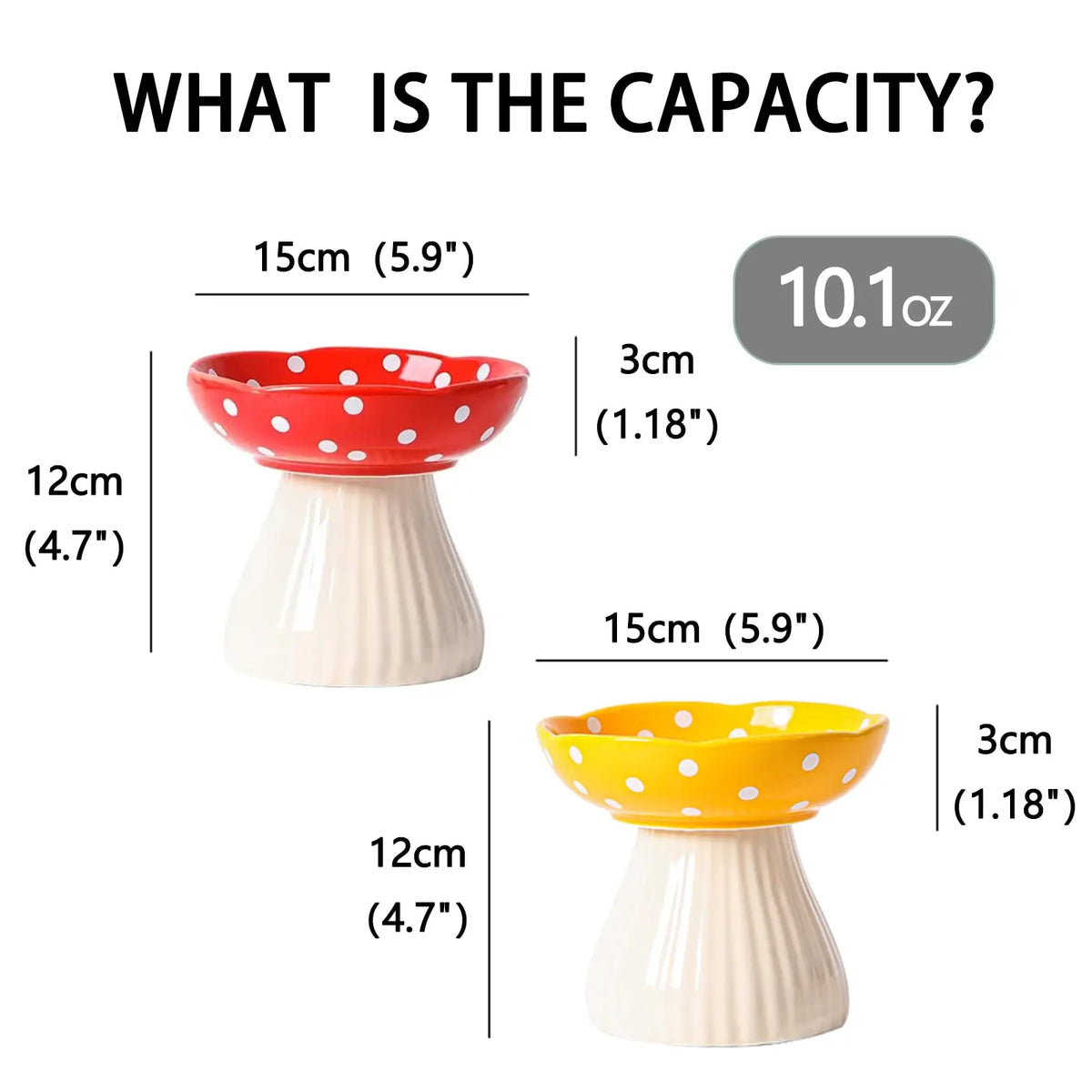 Ceramic cat feeder capacity comparison, showcasing red and yellow bowls with polka dots, each 10.1 oz.